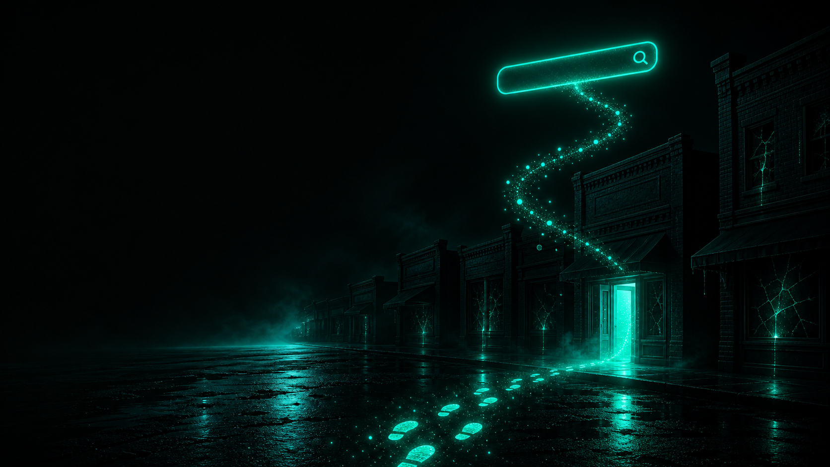 A dark main street at night — a trail of glowing teal footsteps flows from a search bar in the sky into the one storefront whose door is lit, while the neighboring shops sit dark