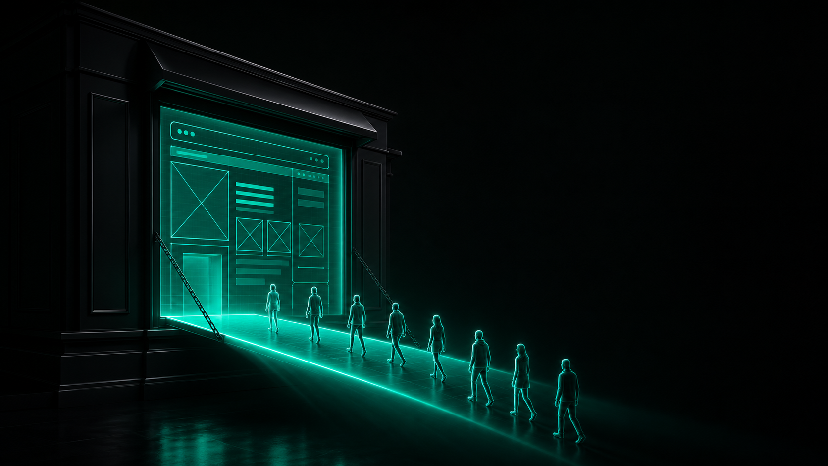 A storefront window rendered as a glowing teal website wireframe, with a bright beam extending like a drawbridge and glowing figures walking it toward the door