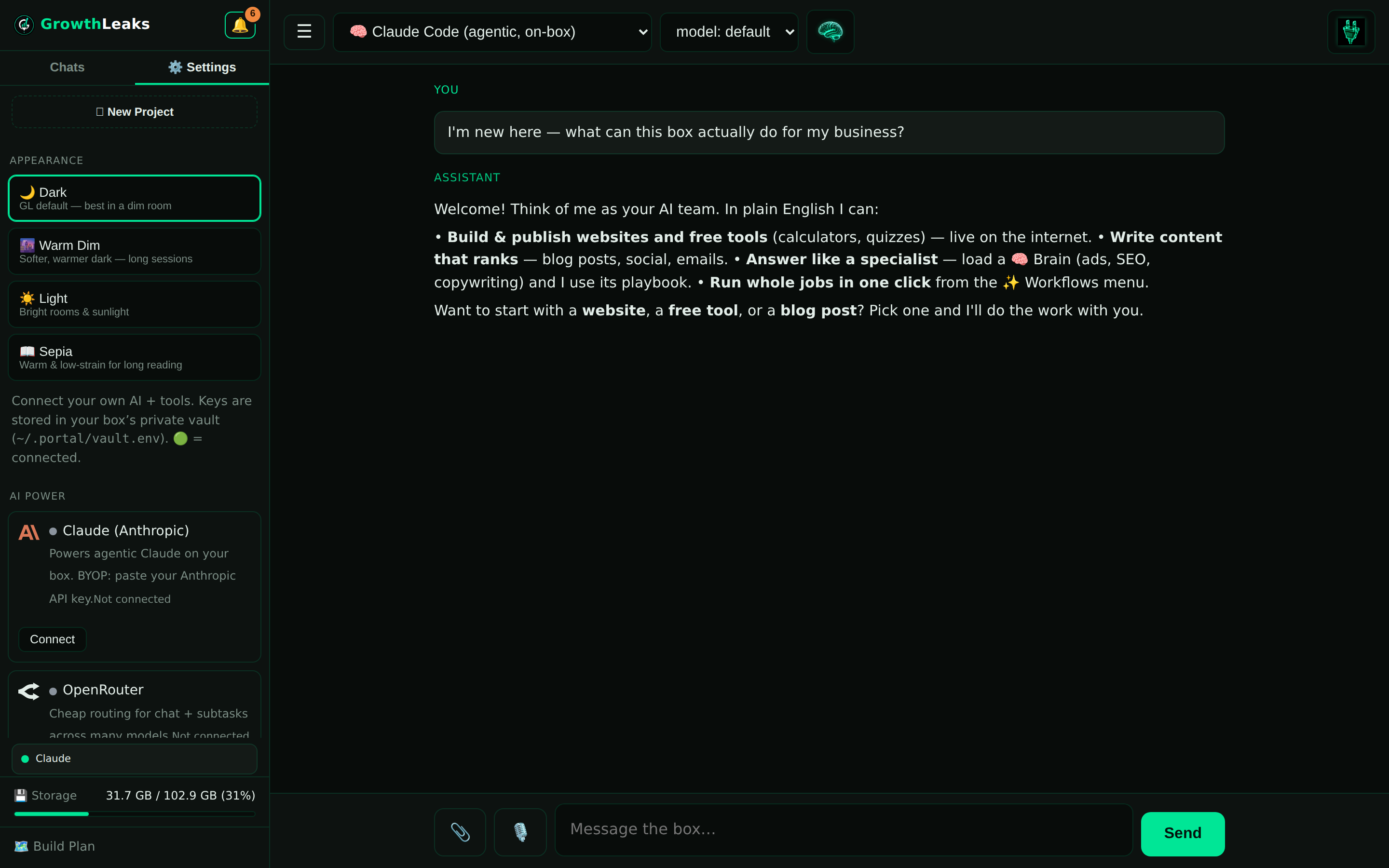 Settings on the left — your global connections, where you add ChatGPT for image generation across every project