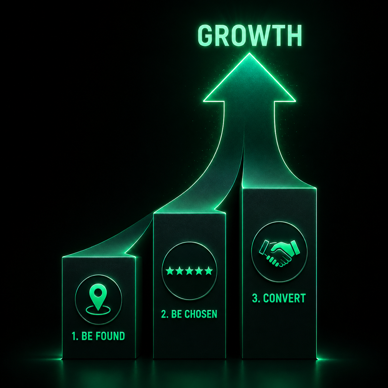 The 3 growth levers: 1. Be Found, 2. Be Chosen, 3. Convert — stacking up to Growth