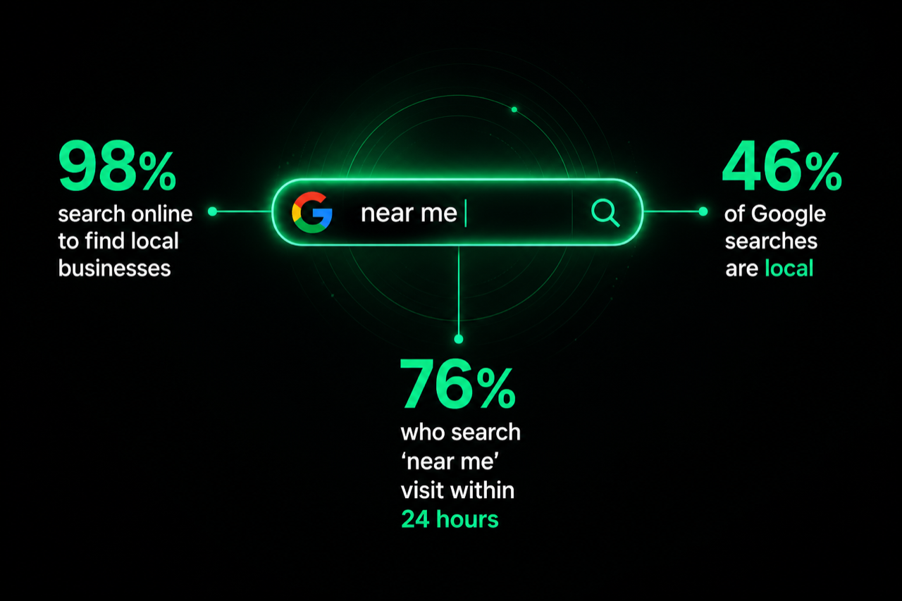 98% search online for local businesses, 46% of Google searches are local, 76% who search near me visit within 24 hours
