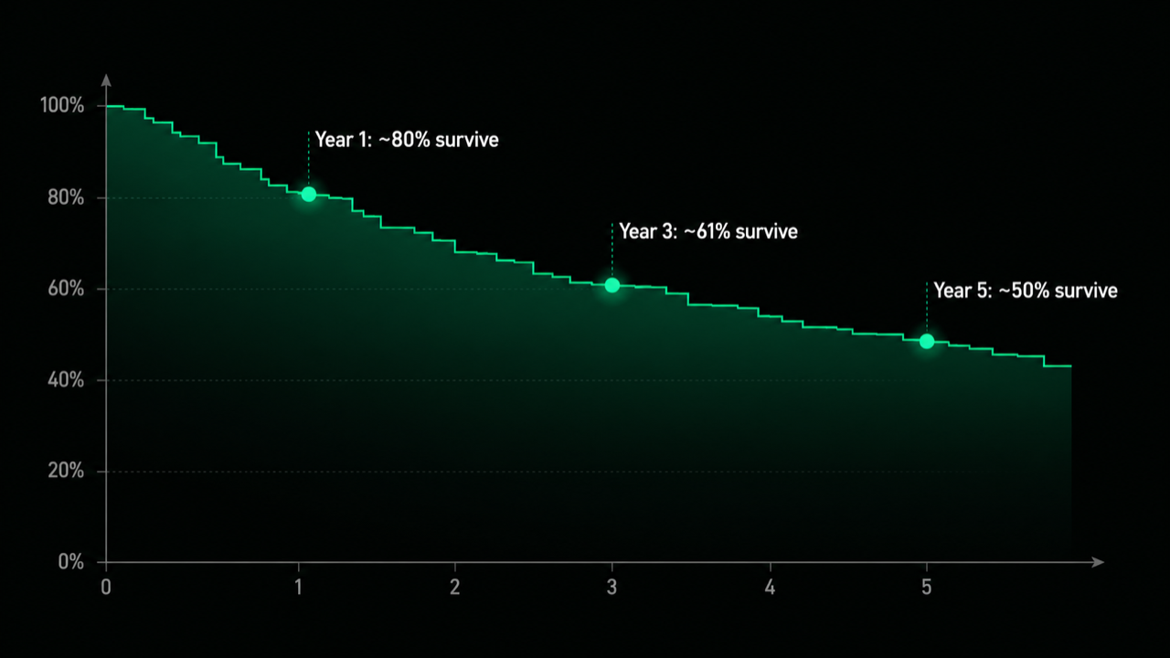 Business survival curve: ~80% survive year 1, ~61% year 3, ~50% year 5 (BLS)