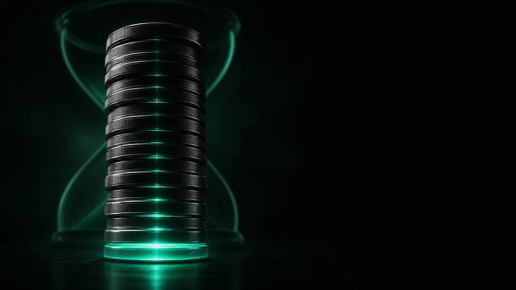 A dark stack of coins representing newly acquired customers, the bottom coin glowing teal as it finally pays itself back, an hourglass silhouette overlaid