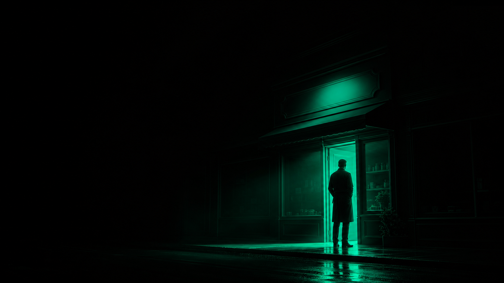 A dark storefront sign glowing teal only around the owner's silhouette, the rest of the shop unlit — a business that only lights up when the owner is standing in it