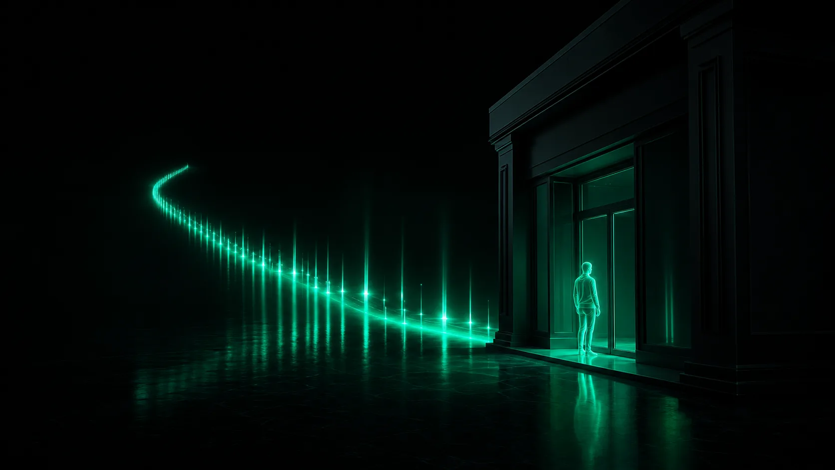 A single glowing customer standing in a dark storefront, casting a long trail of light representing years of repeat business