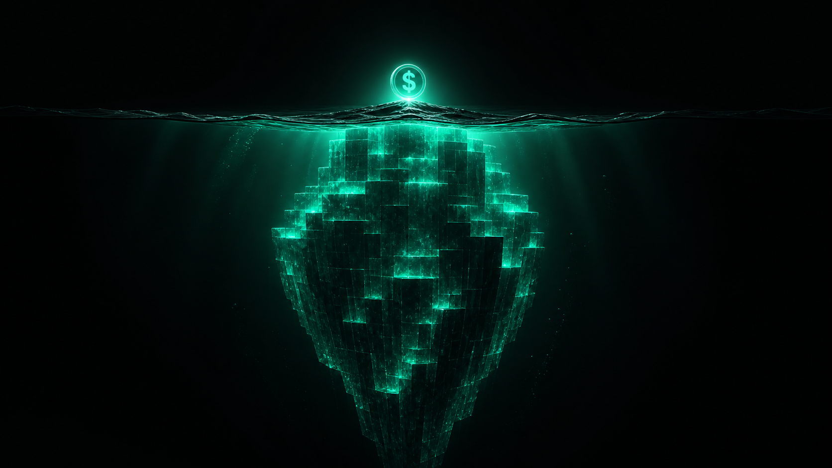 A small glowing dollar amount above the waterline and a massive iceberg of value hidden below
