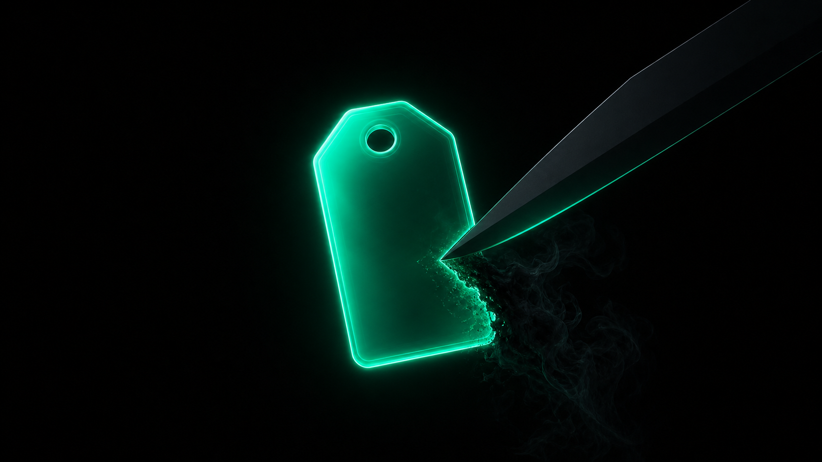 A glowing teal price tag being cut, with the profit draining out of the slice