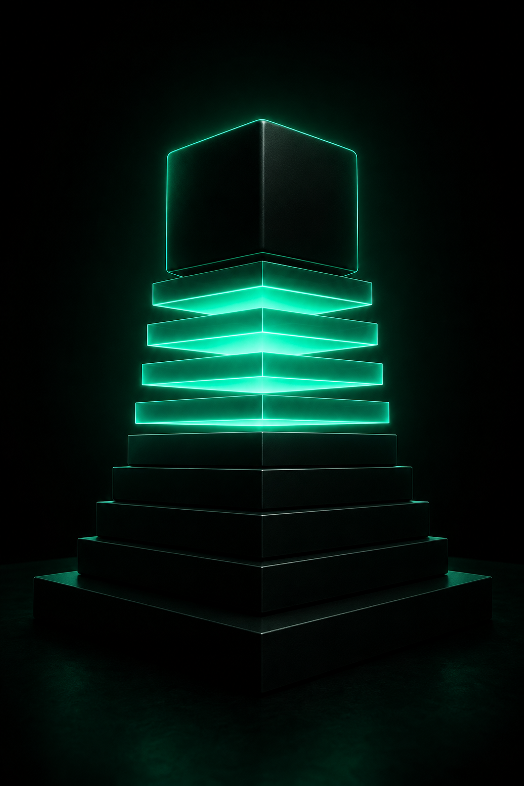A dark pedestal built up plank by plank with glowing teal blocks, lifting an object into bright teal light