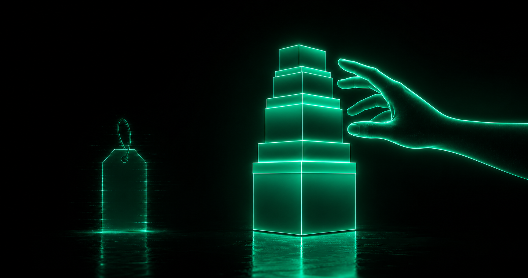 A dim flickering price tag beside a tall glowing stack of value, a hand reaching for the stack instead