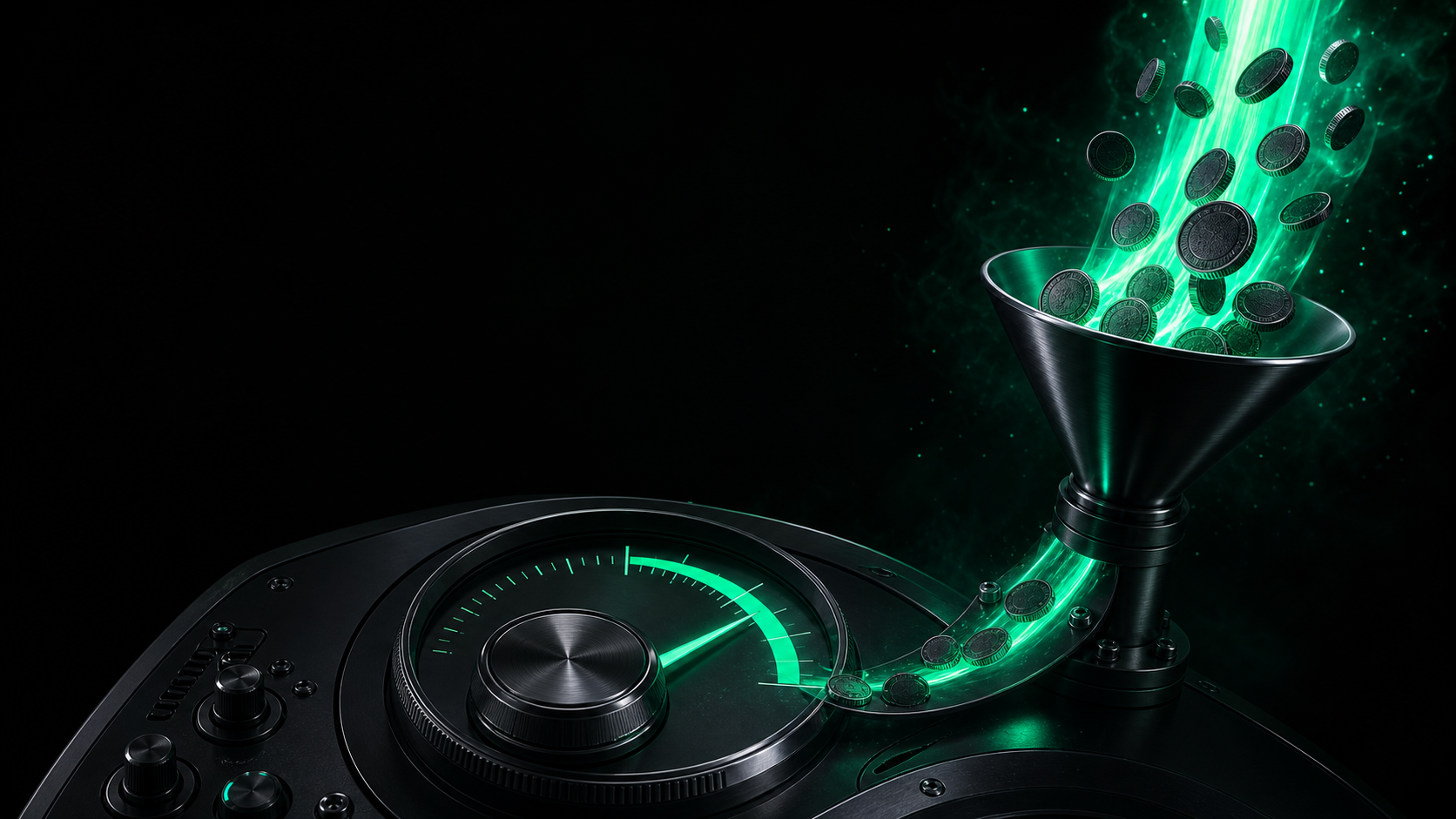 A precision dial with a glowing teal needle in a sweet-spot zone feeding a funnel that returns more coins than went in