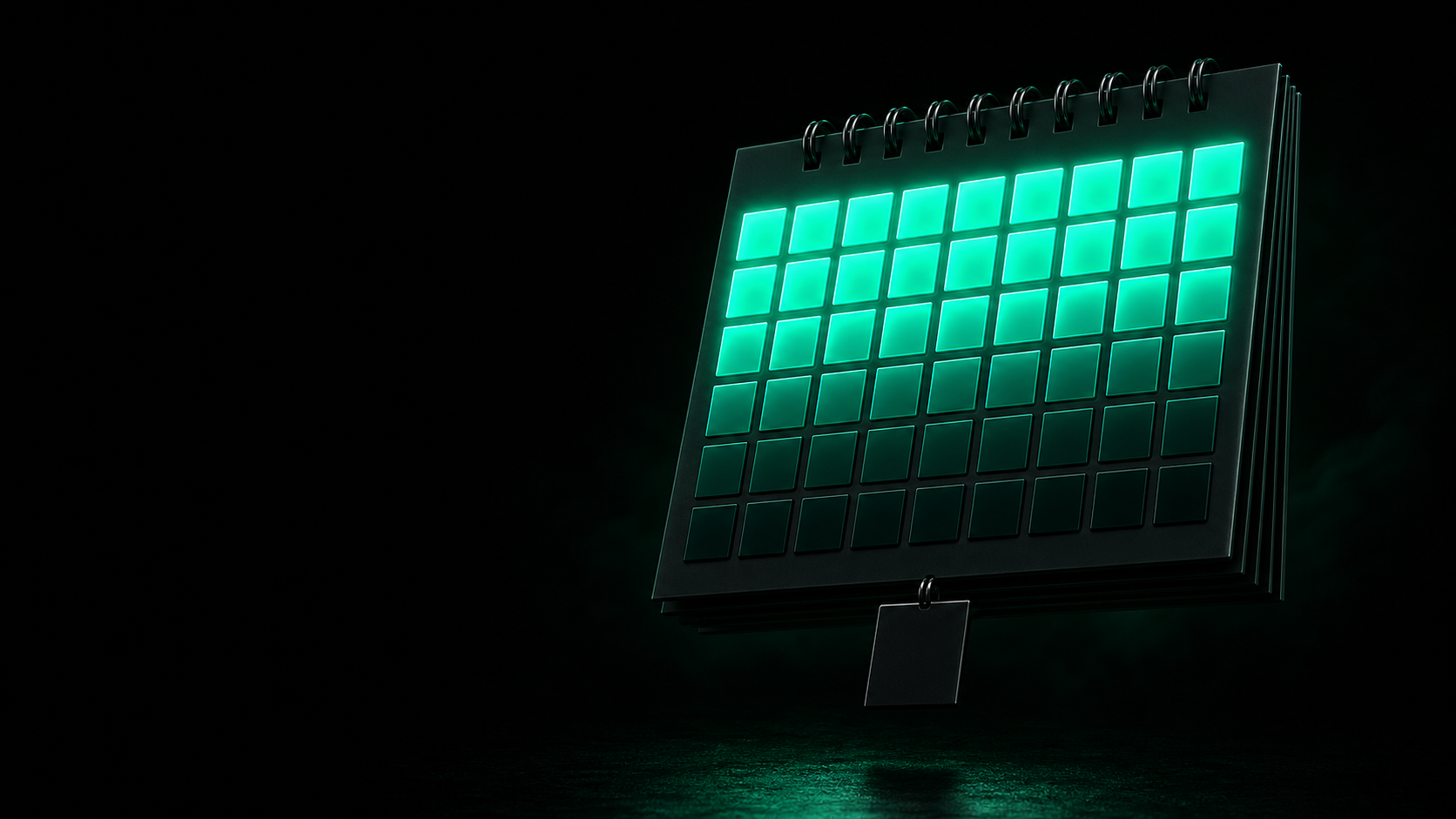 A dark calendar page fully lit with glowing teal squares fading page by page into a single blank unlit square hanging alone in black space