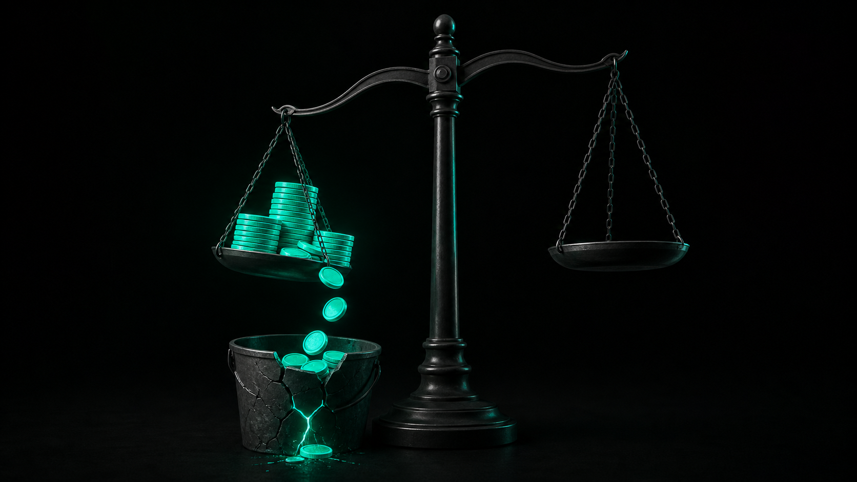 A dark scale in near-black space, one side a stack of glowing teal coins tipping and spilling into a cracked bucket below it