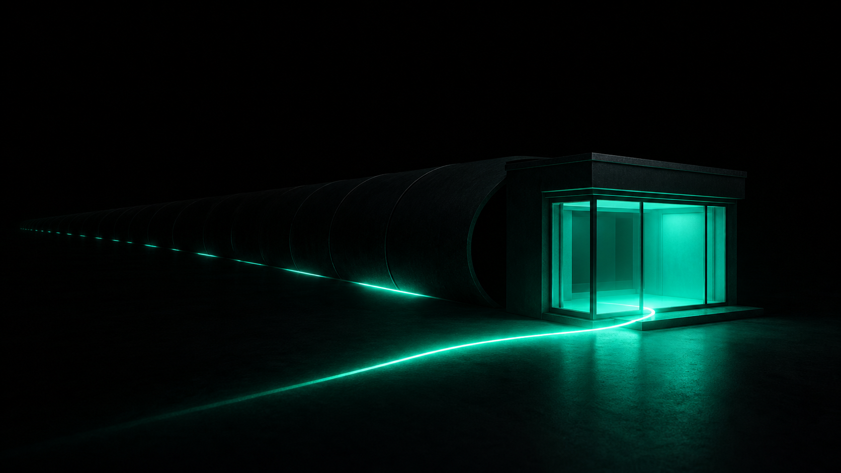 A glowing teal line of light feeding steadily into a bright storefront while the line behind it thins out and goes dark