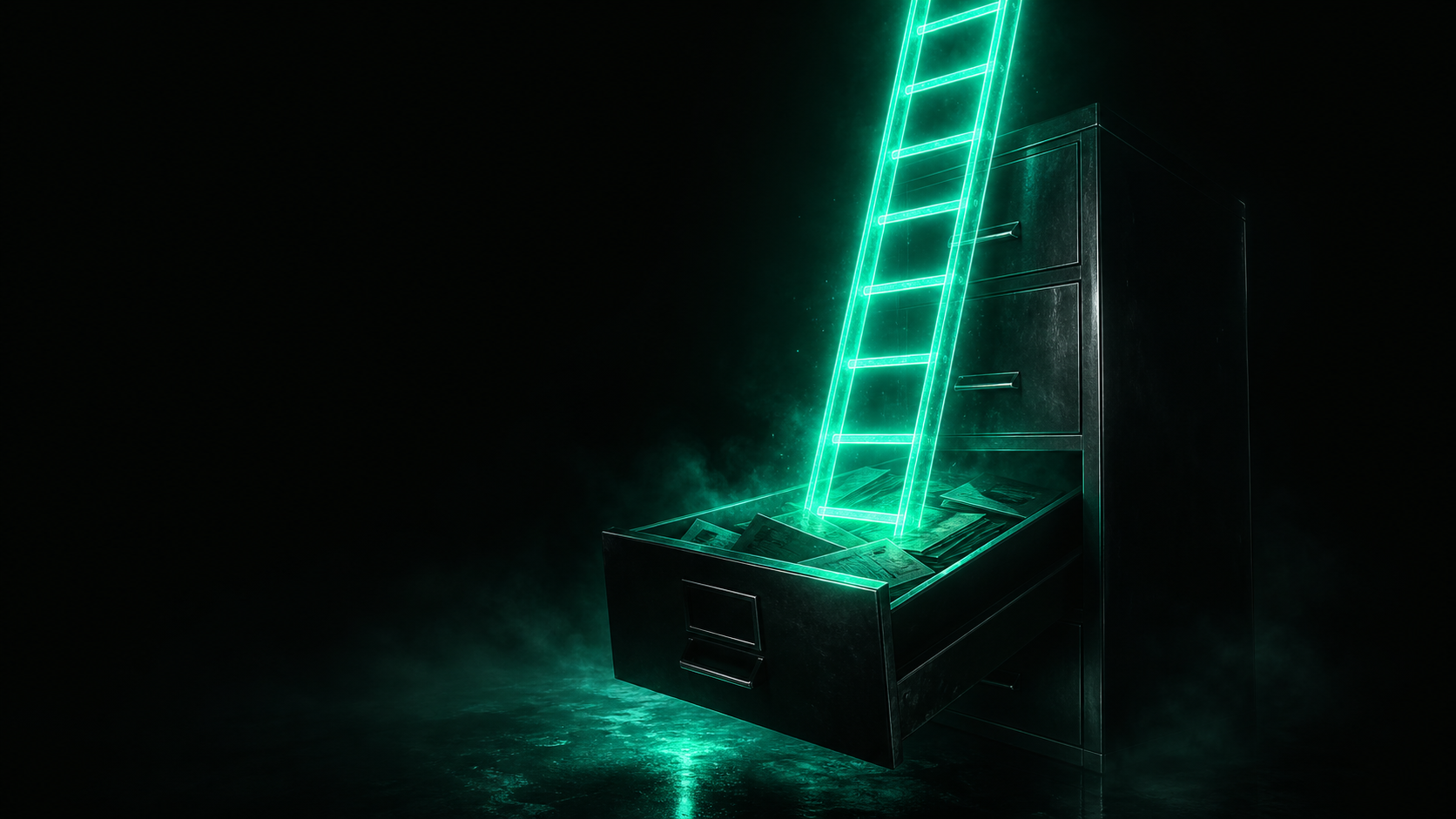 A dark filing cabinet of forgotten leads with a ladder of glowing teal light climbing out of the open drawer