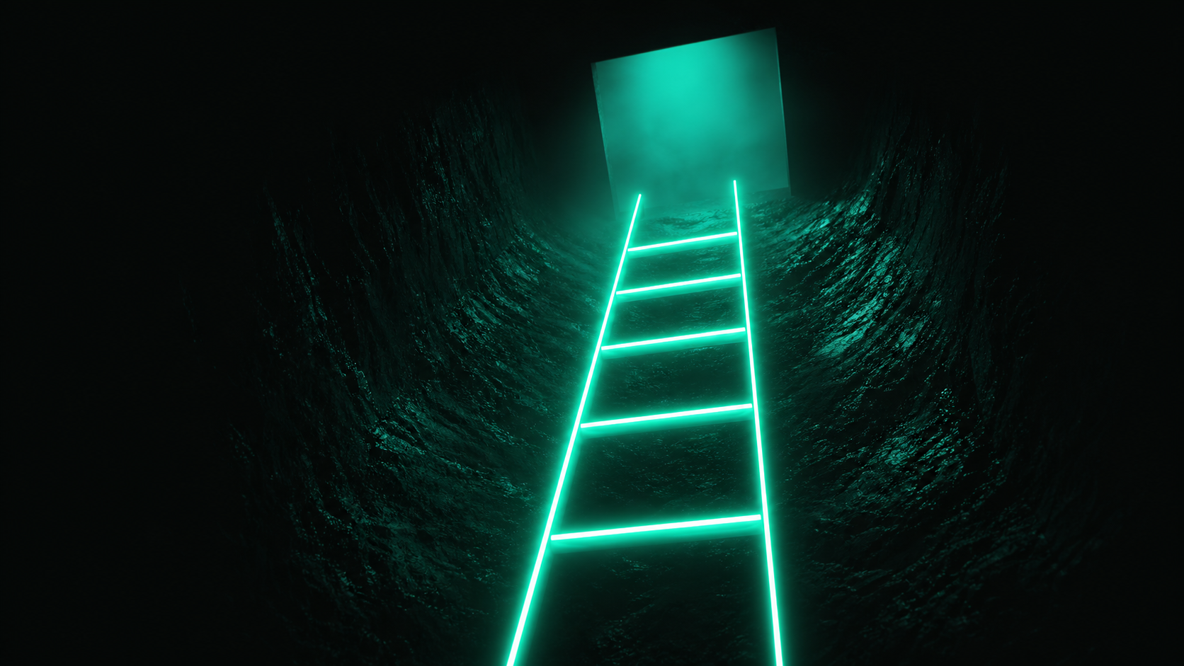 A dark pit with a glowing teal ladder of five rungs rising out of it toward a lit doorway