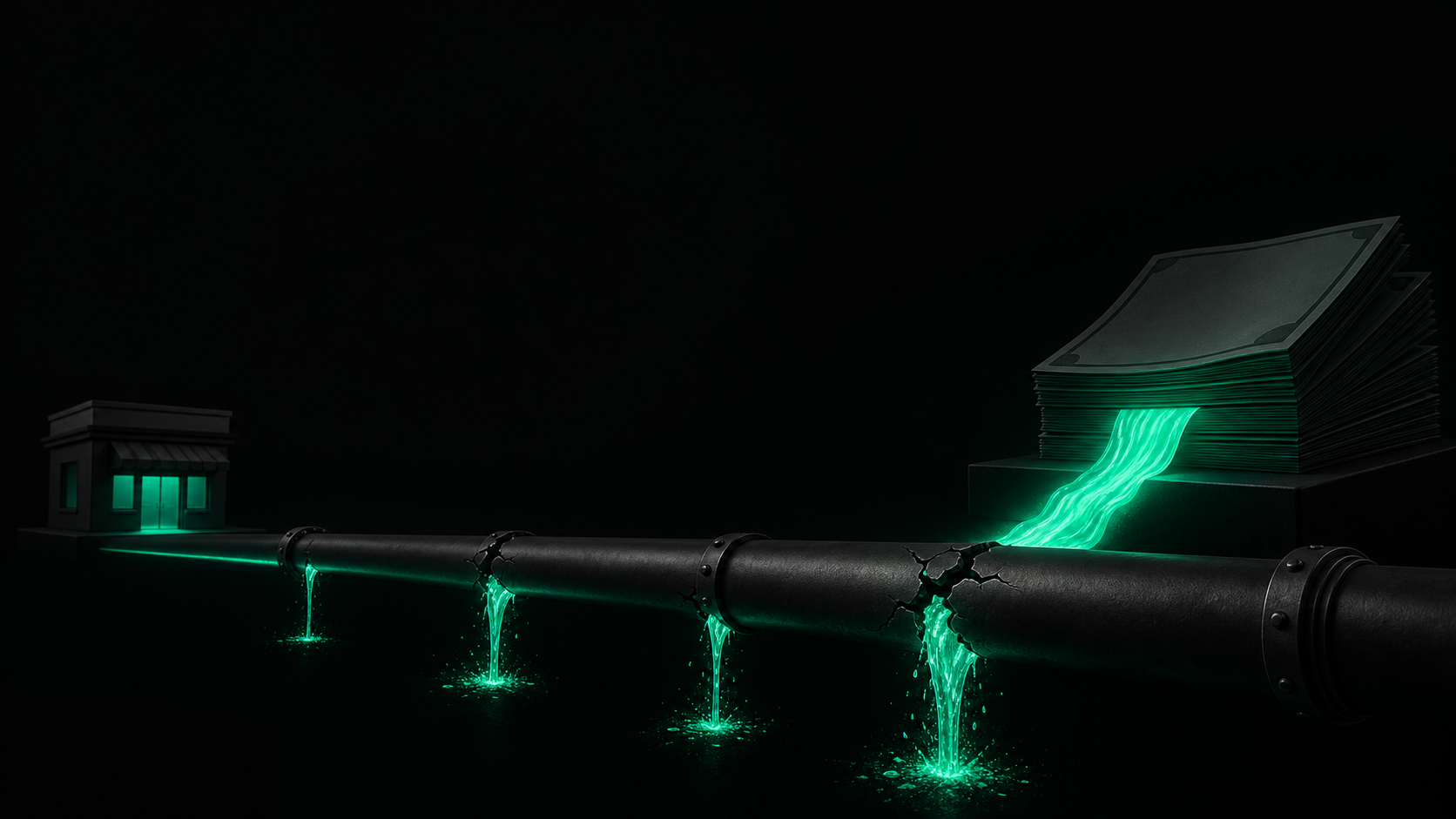A glowing teal ad budget draining through three cracks before reaching a customer