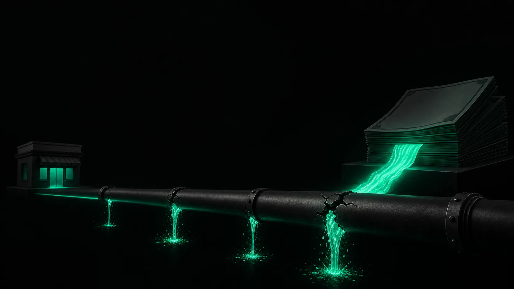 A stream of teal light flowing from a budget toward a glowing storefront, but draining away through three cracks before it arrives