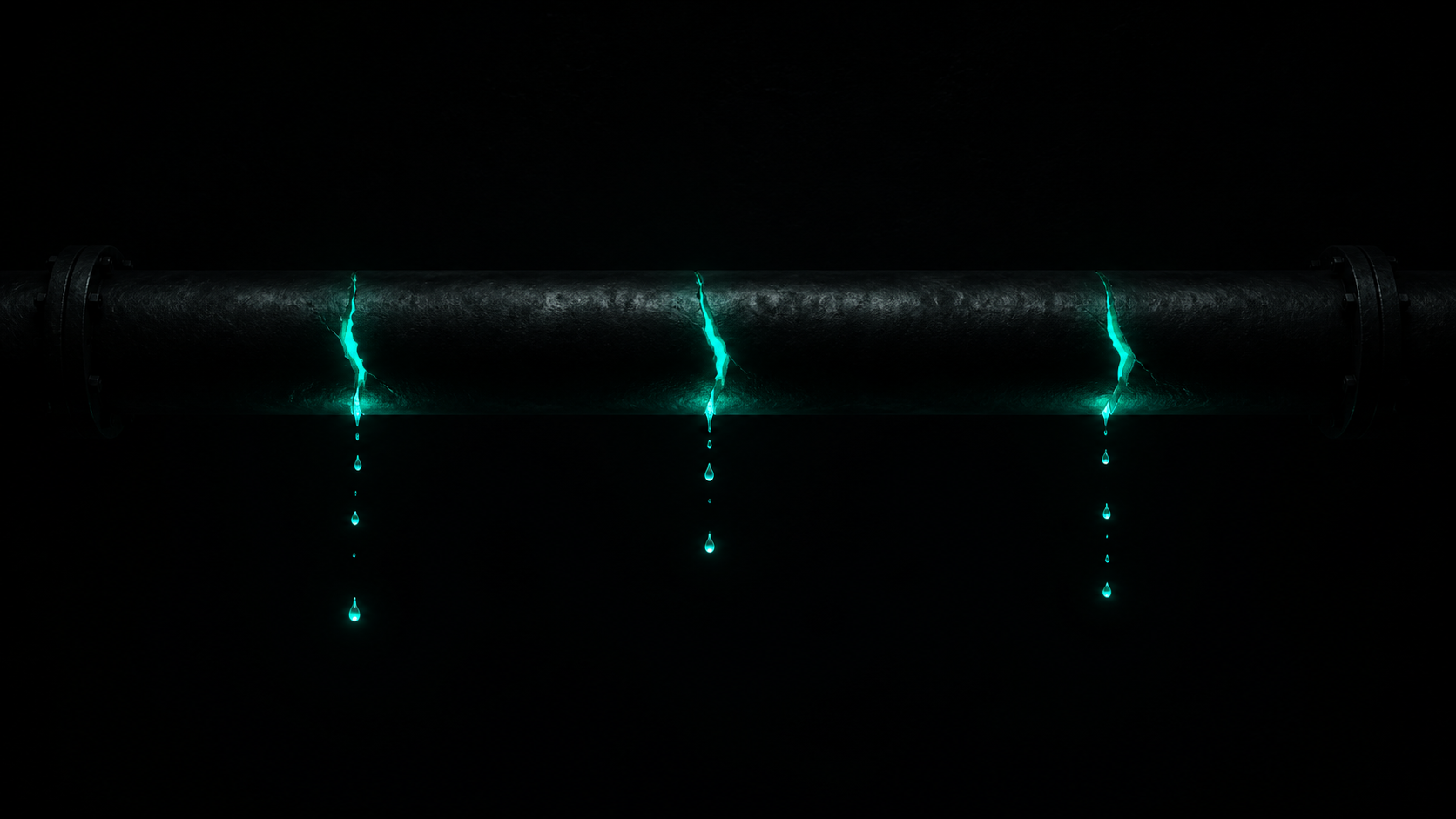 A dark pipe carrying teal light toward a storefront, draining out through three glowing cracks before it arrives