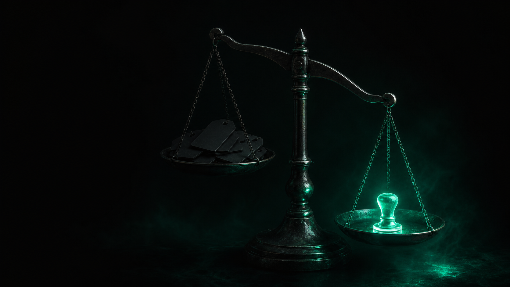 A dark brass scale balancing a pile of dim price tags on one side against a single glowing teal wax seal on the other, the teal seal outweighing and lighting the scene