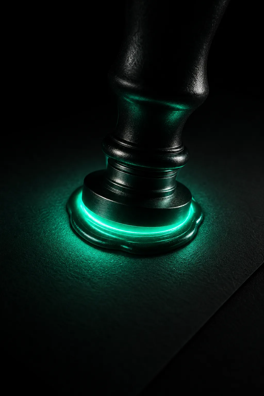 A single glowing teal wax seal being pressed deliberately onto a dark contract