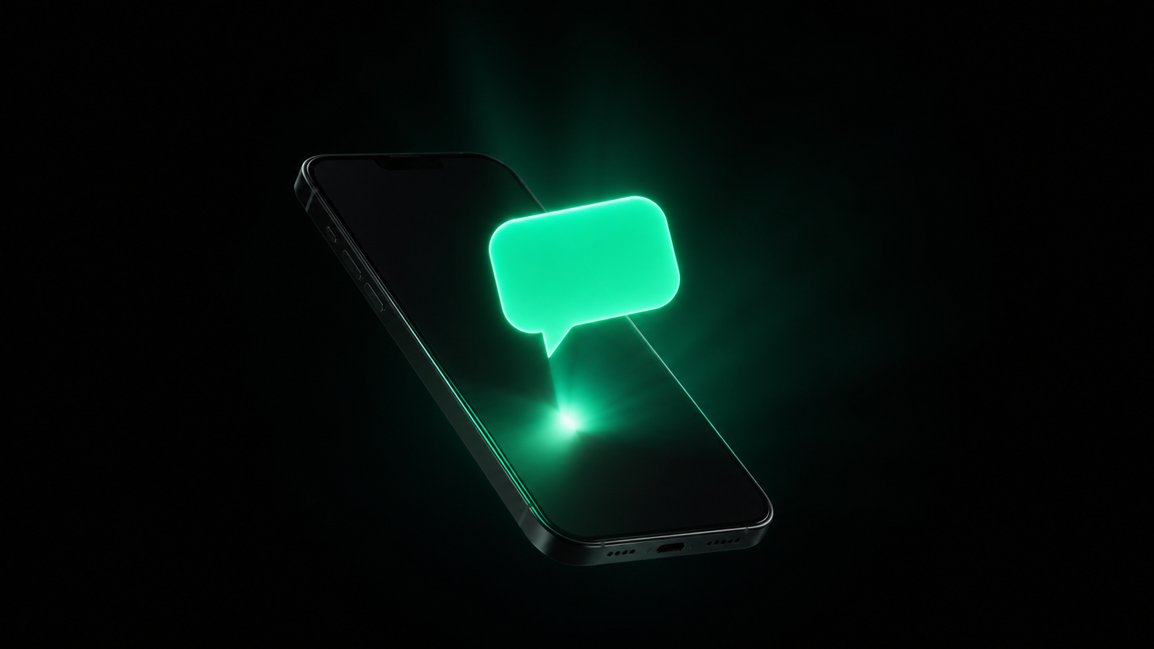 A phone with an instant glowing teal text message bubble popping up