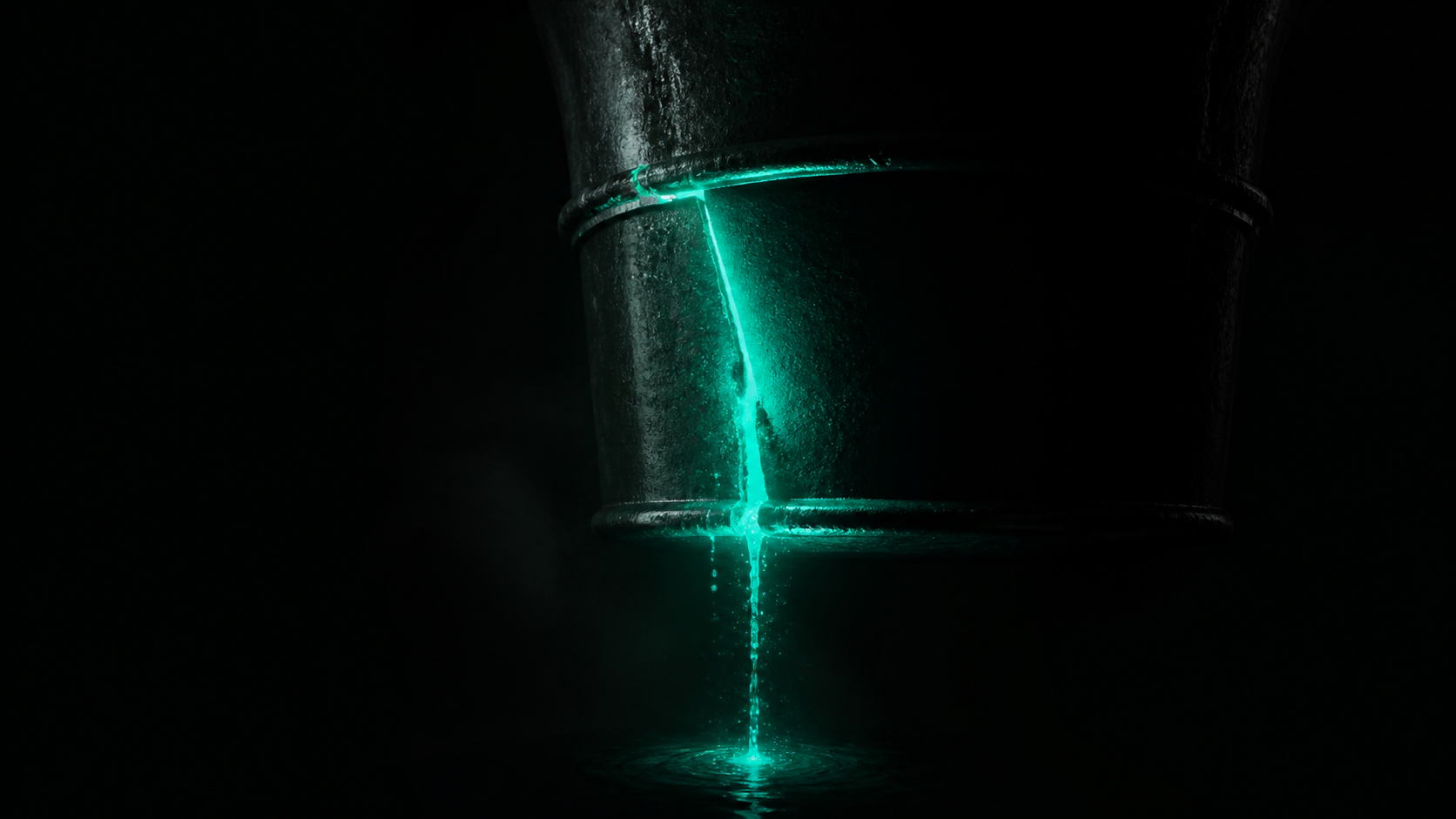 Teal light leaking from an unseen crack in a dark pipe, draining away unnoticed
