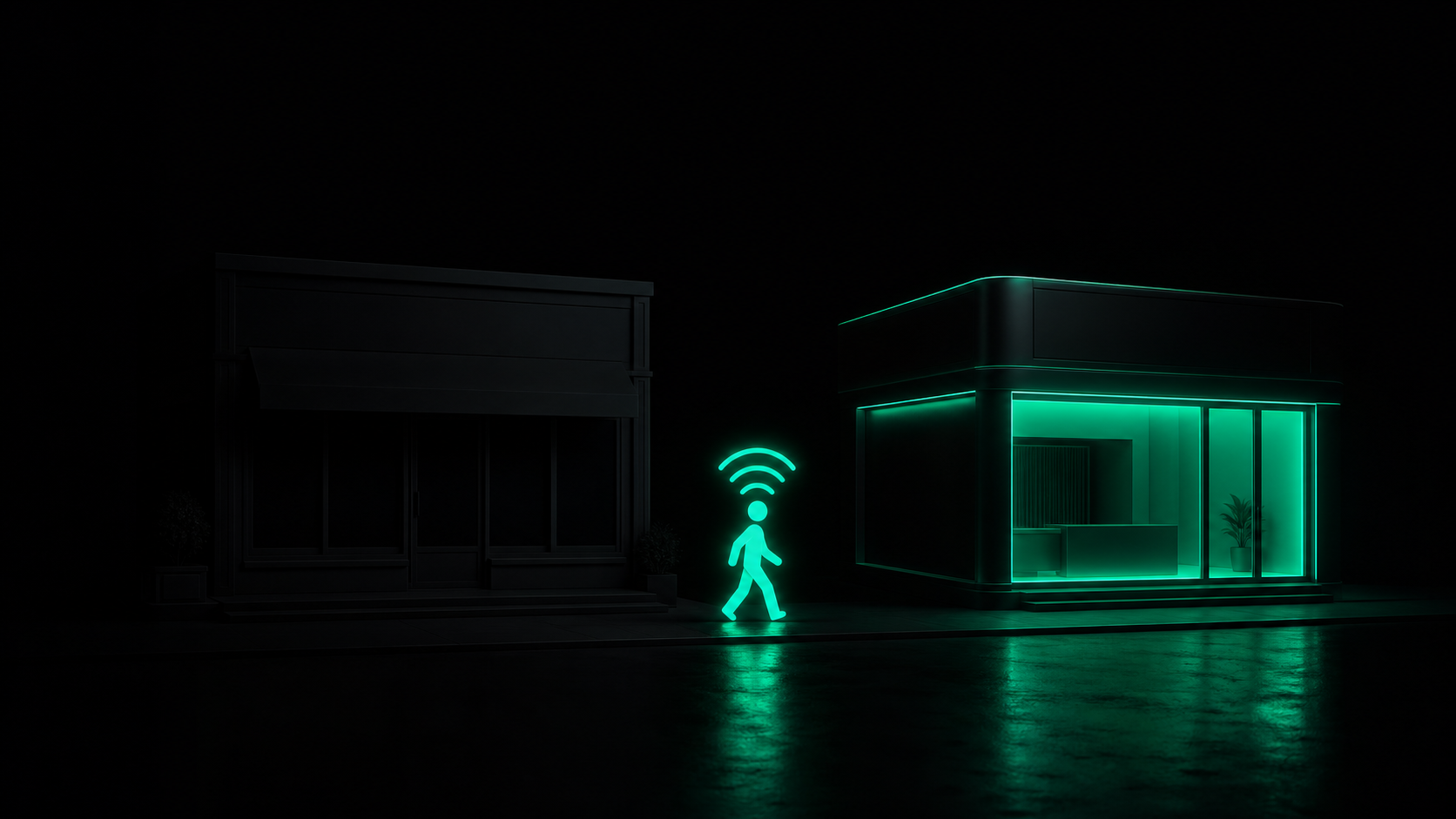 A glowing customer walking away from a dark storefront toward a competitor's lit-up shop