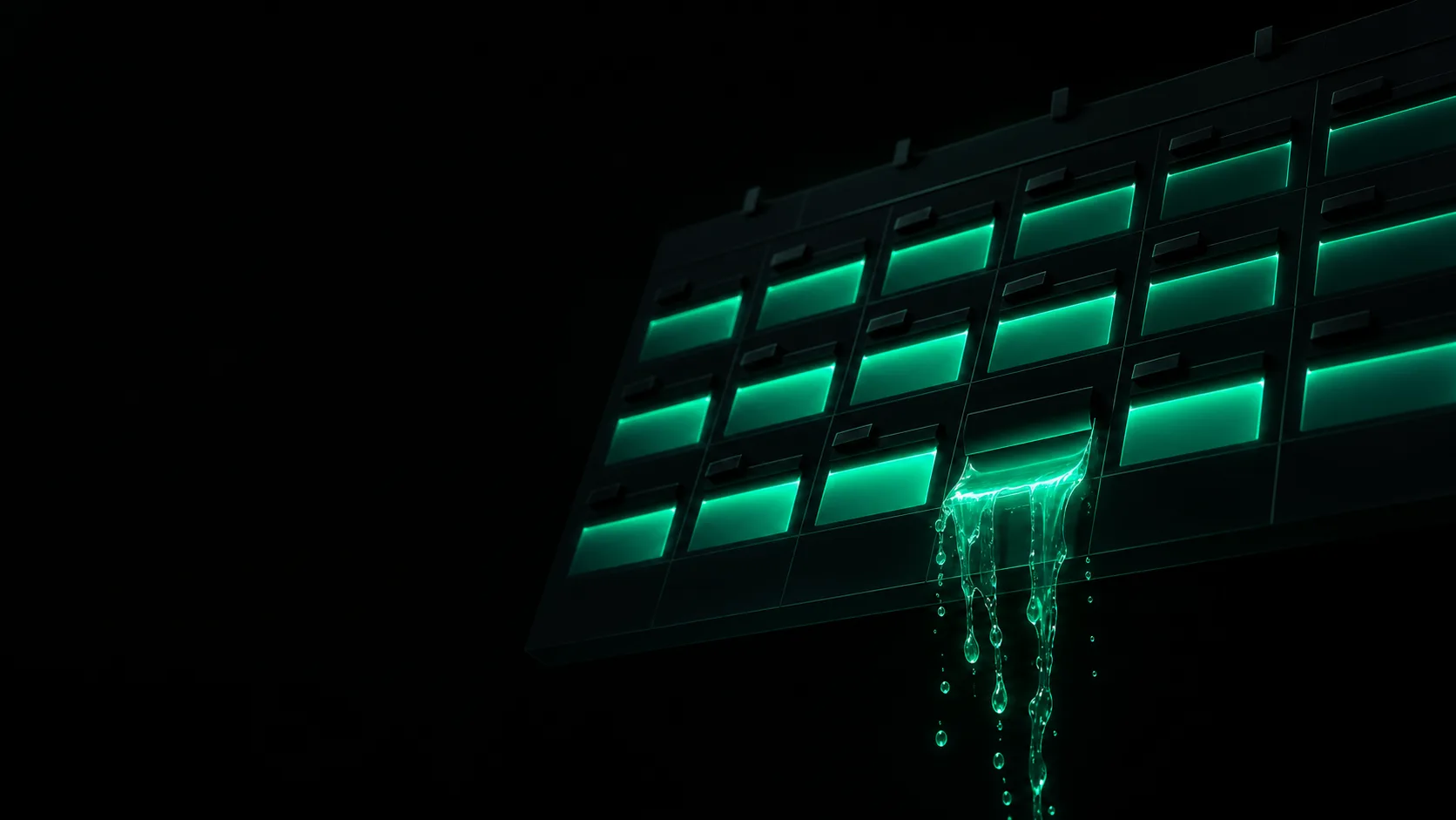 A dark appointment calendar grid with one time slot draining its teal light away, like liquid, into the black below