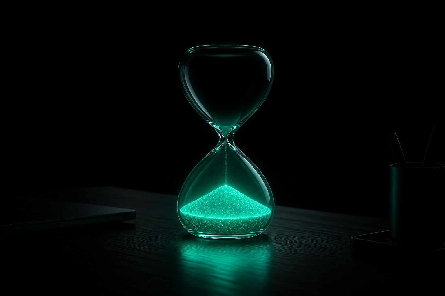 An hourglass made of teal light, its sand already fully drained to the bottom half and still glowing, on a dark empty desk