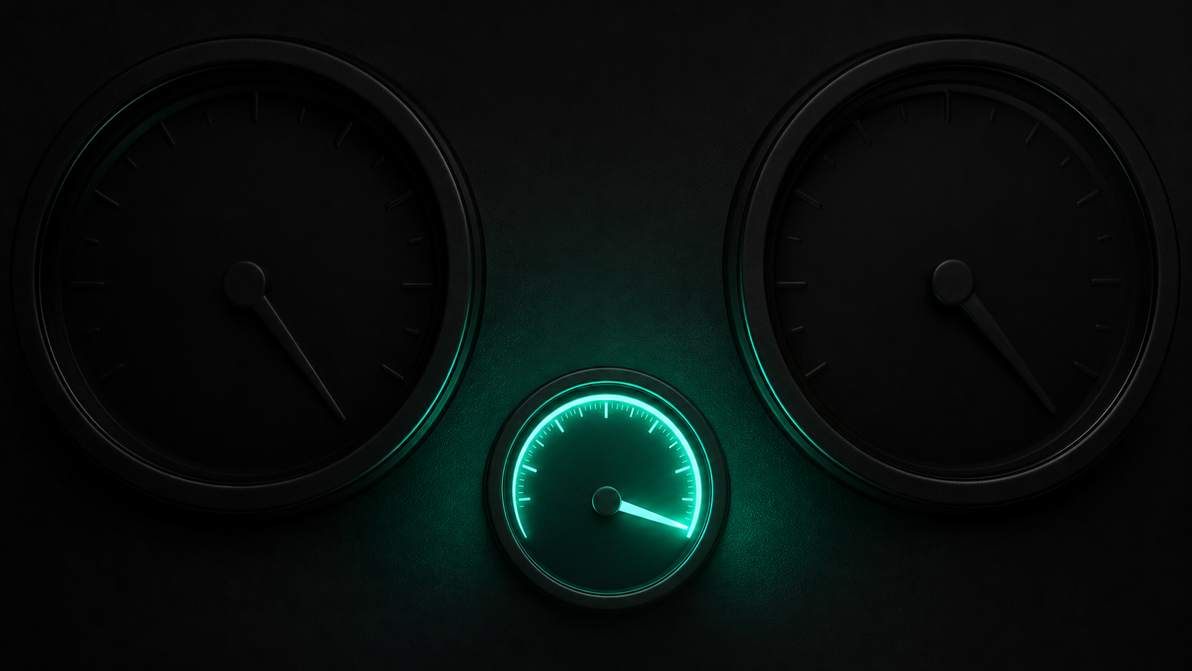 Three gauges labeled by concept: two sitting dark while one — relevance — glows teal, revealing it as the one that was switched off