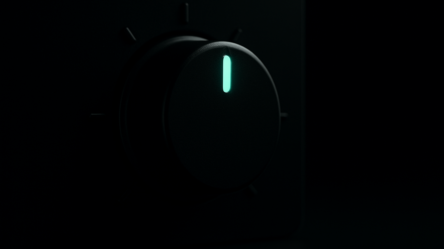 A single control dial in near-black space with only one notch glowing teal, two other notches on the dial dark and unused