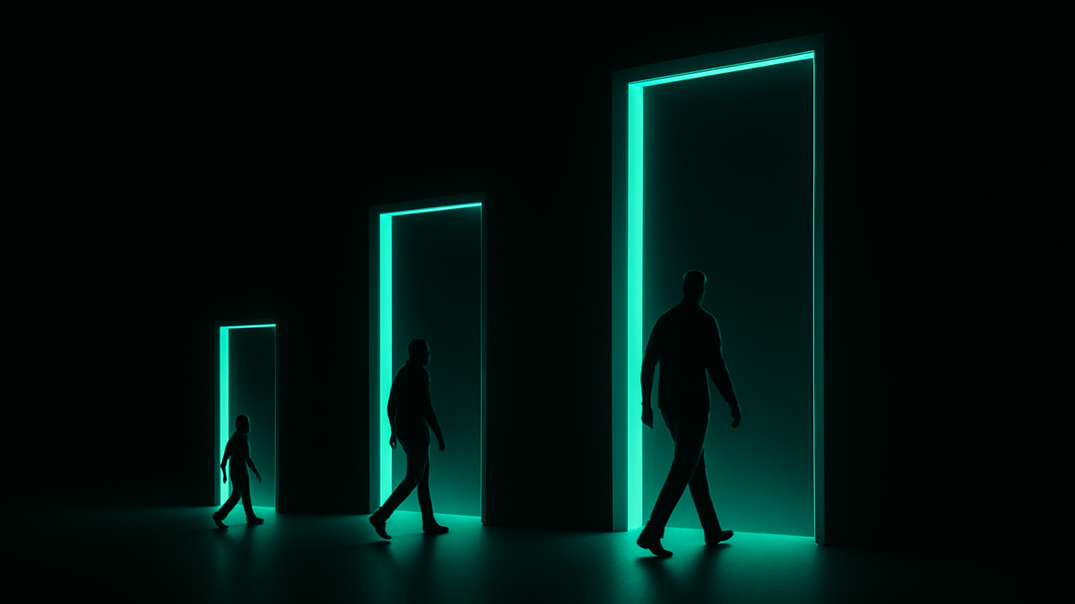 Three teal-glowing doorways of ascending size in near-black space, three small silhouettes each walking naturally toward the door that fits them, no gatekeeper present