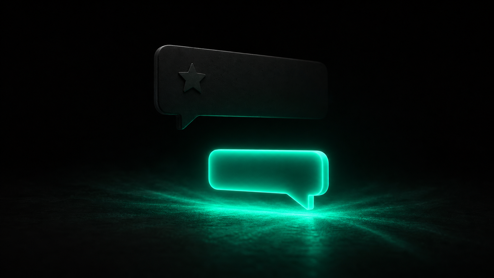A single glowing teal reply bubble appearing beneath a dark negative review card, light spreading outward from it