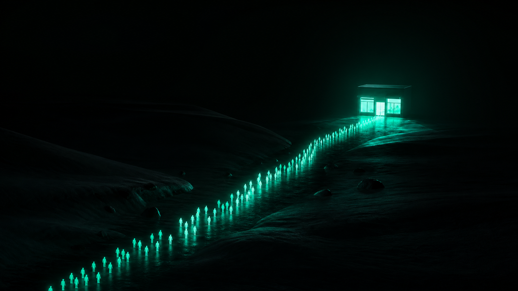 One glowing shop with a steady stream of customers flowing only to it, in a dark landscape