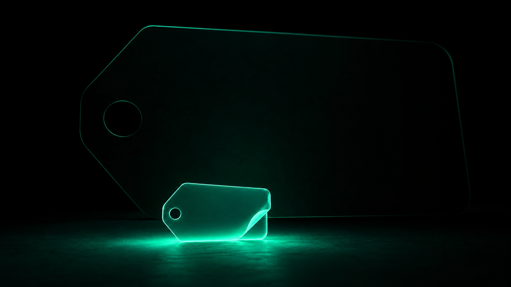 A small glowing price tag with a far larger hidden cost looming behind it in the dark