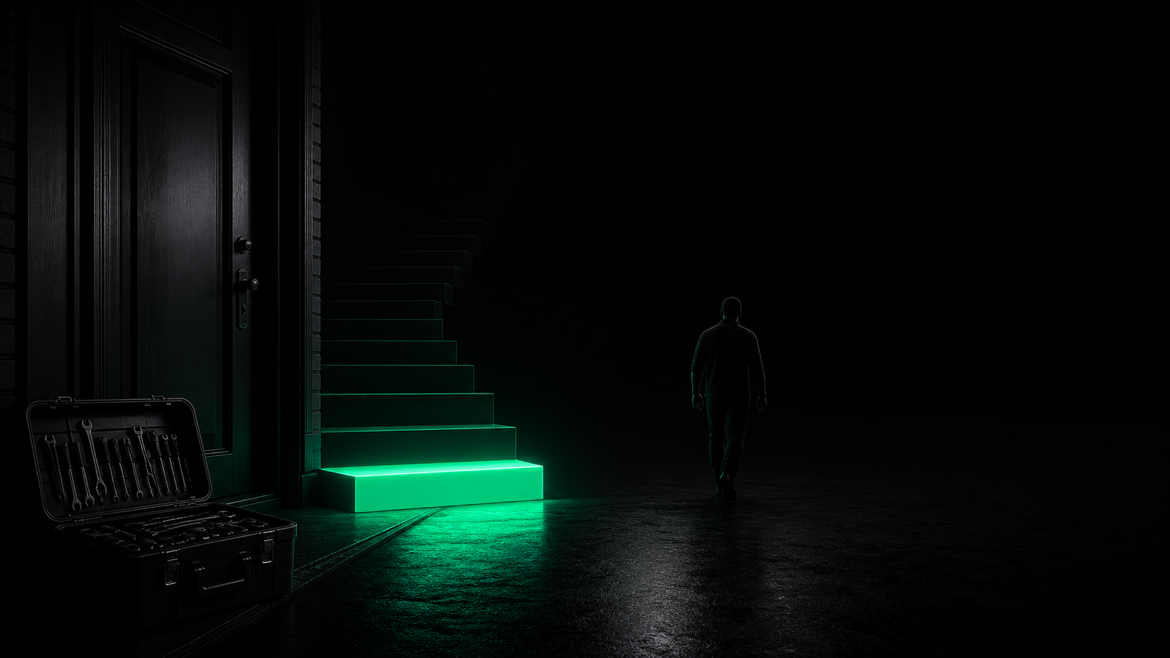 A completed job at a dark doorway with a glowing teal staircase whose only lit step is the first one, a silhouette walking away into the dark instead of climbing