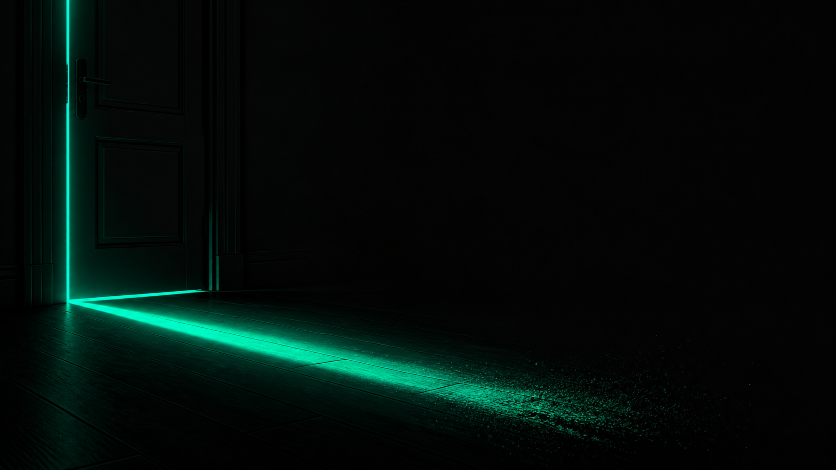 A doorway closing after a finished job, warm teal light spilling through the closing gap and already dimming
