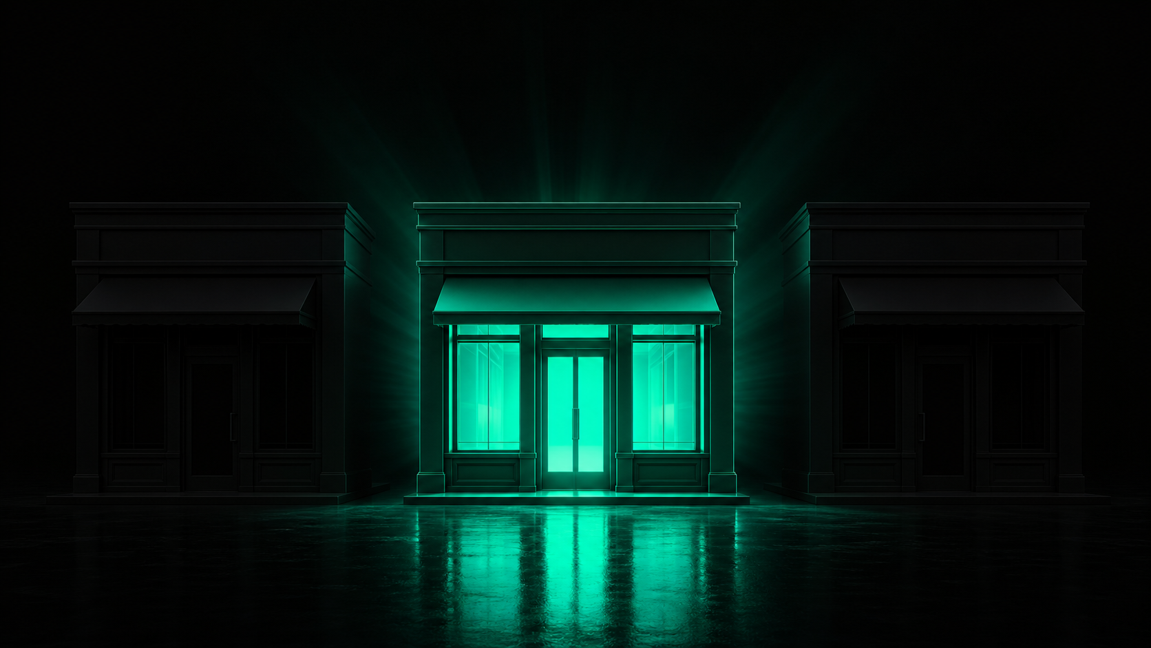 Three identical storefronts, one glowing distinctly brighter than the others