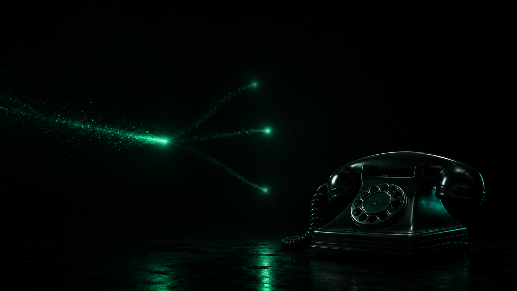 A single glowing teal spark splitting into fainter duplicate signals before reaching a dark desk phone — one lead sold to several businesses at once