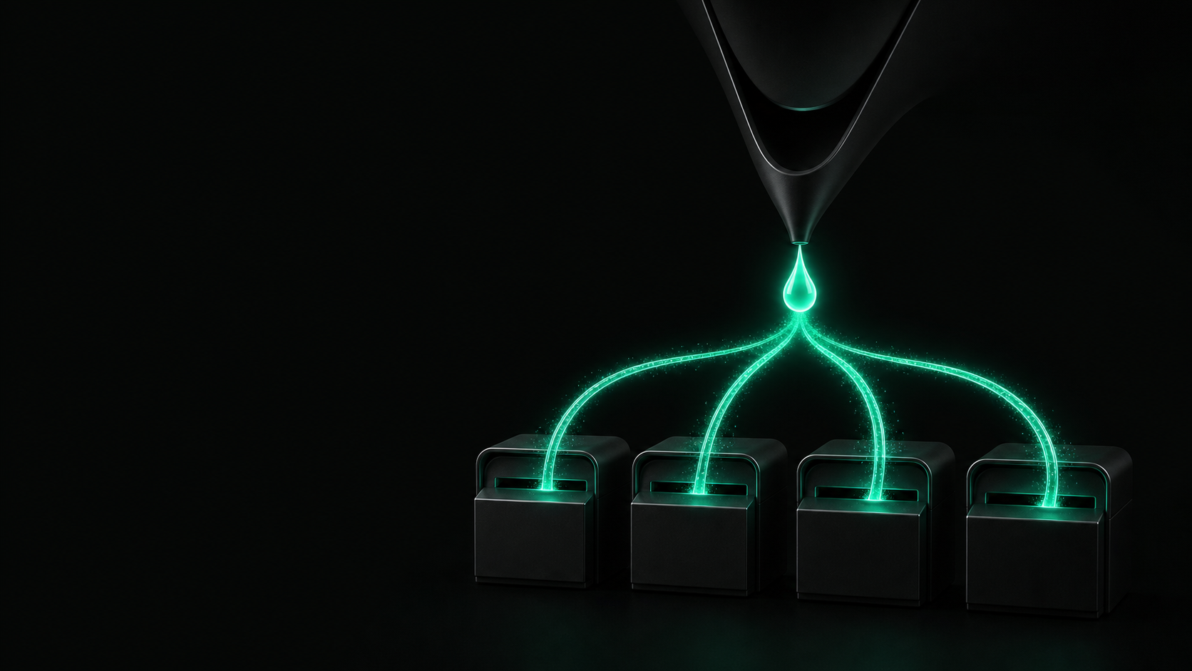 A dark funnel dropping one glowing teal lead-shaped light simultaneously into four separate dark mail slots — one request, sold to several businesses at once
