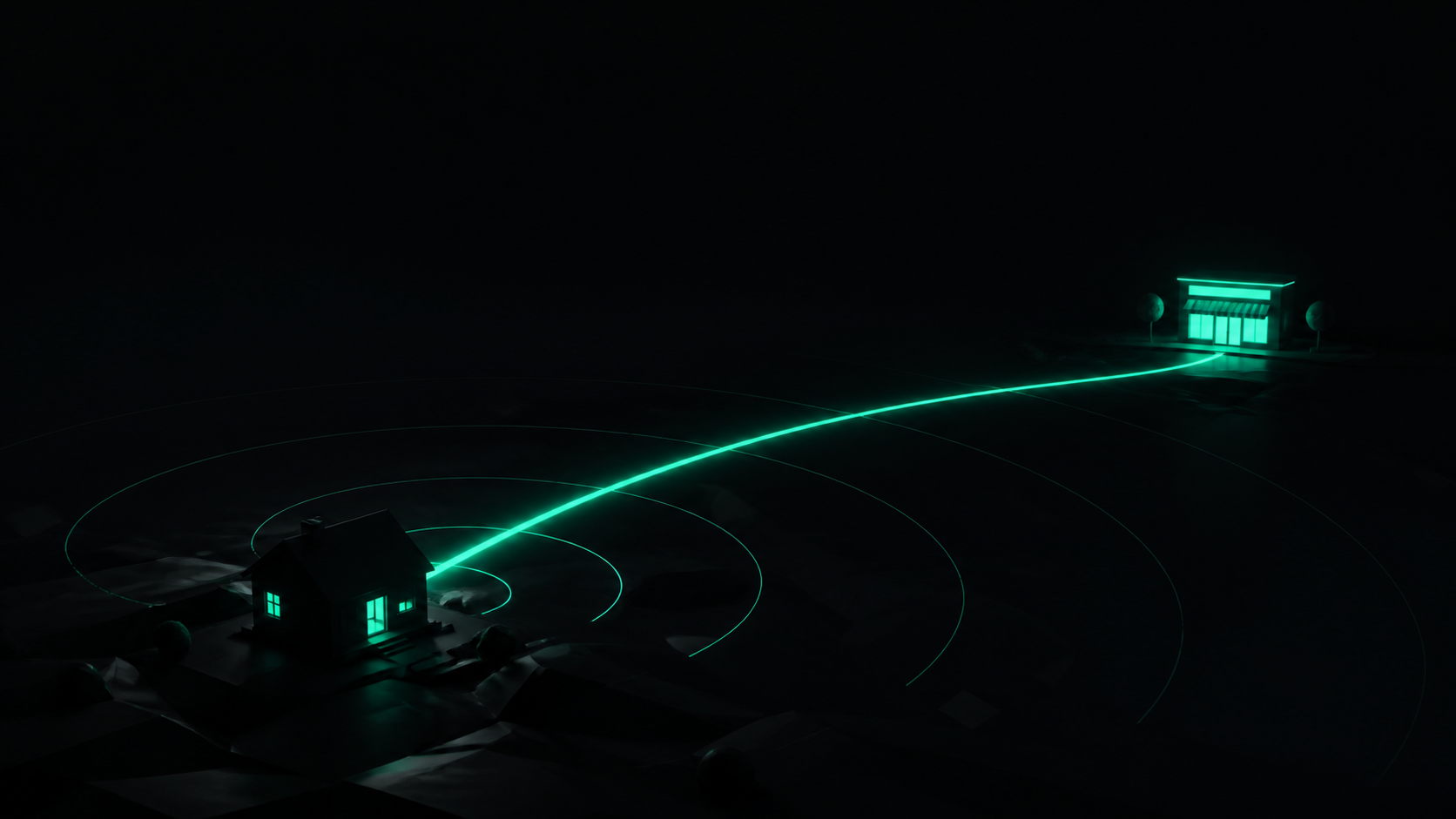 Four faint teal phone-signal ripples radiating out from a dark house, with only one reaching a distant glowing storefront while the rest fade into black — whoever answers first wins the race