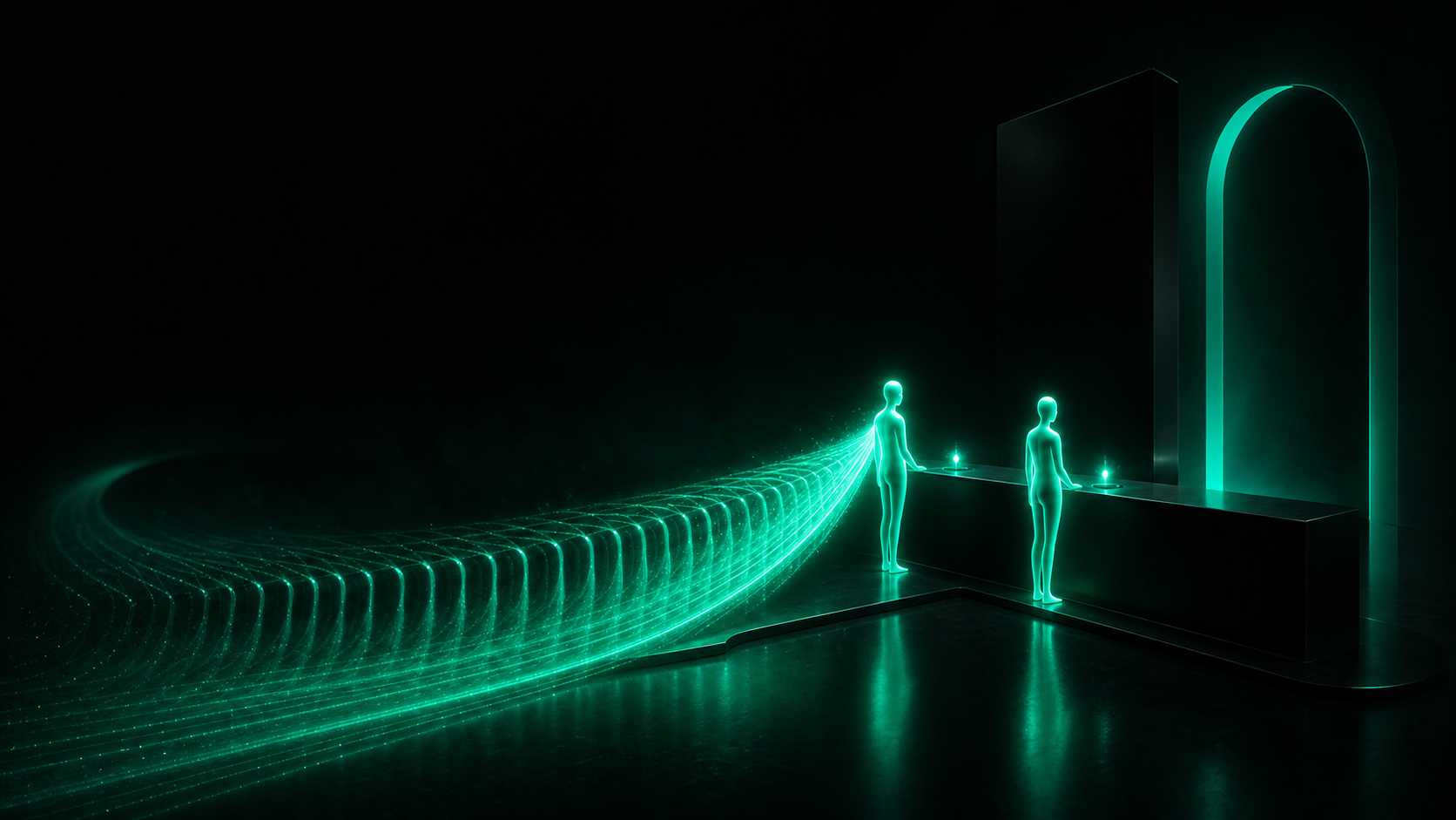 A glowing teal figure with a long trailing light-path behind it standing at a dark counter, receiving the exact same small teal spark as a fresh glowing figure with no trail standing right beside it