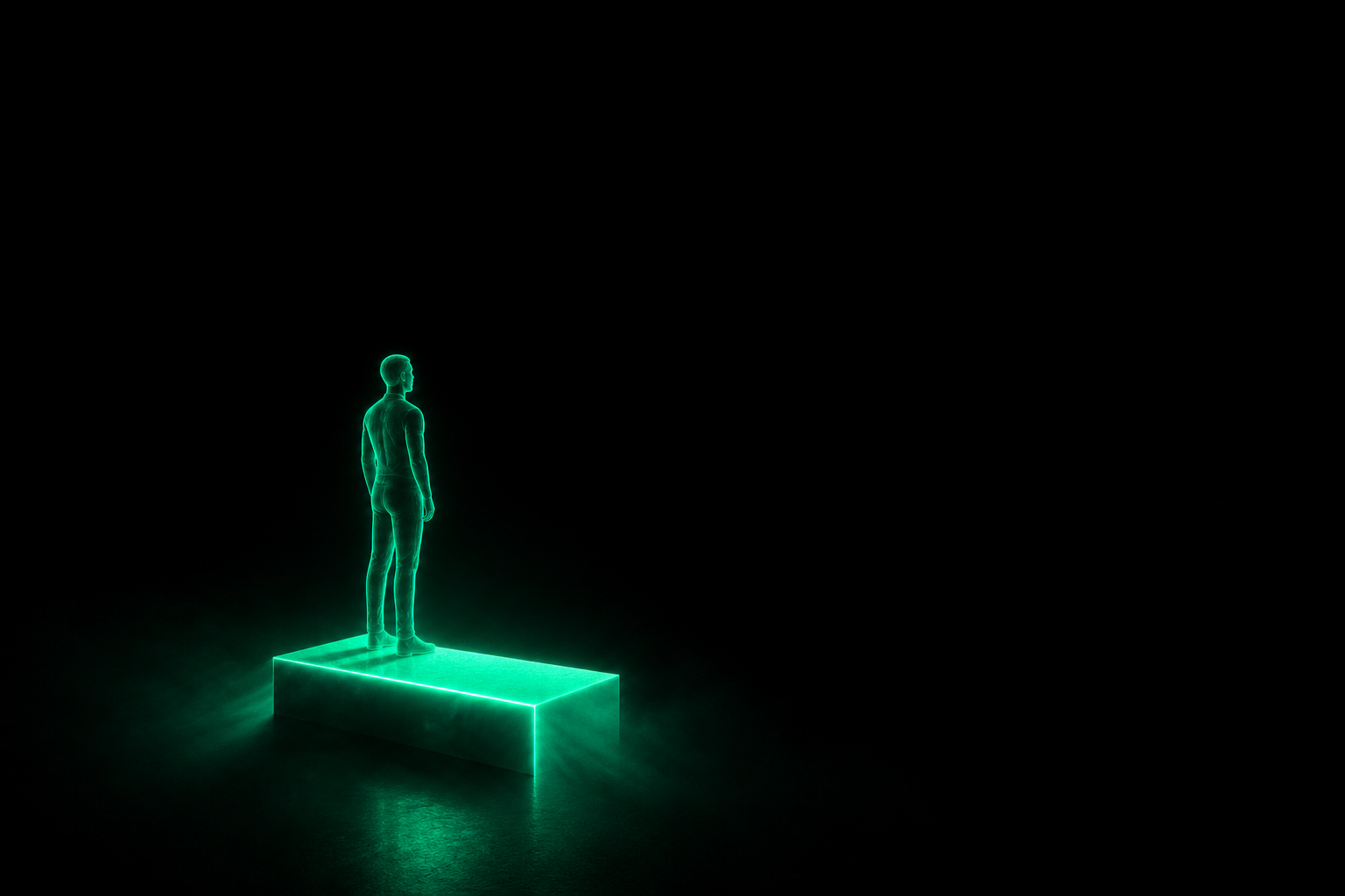 A staircase made of glowing teal light that ends abruptly after the first step, fading to black above it, with a figure standing on the lit step with nowhere higher to climb