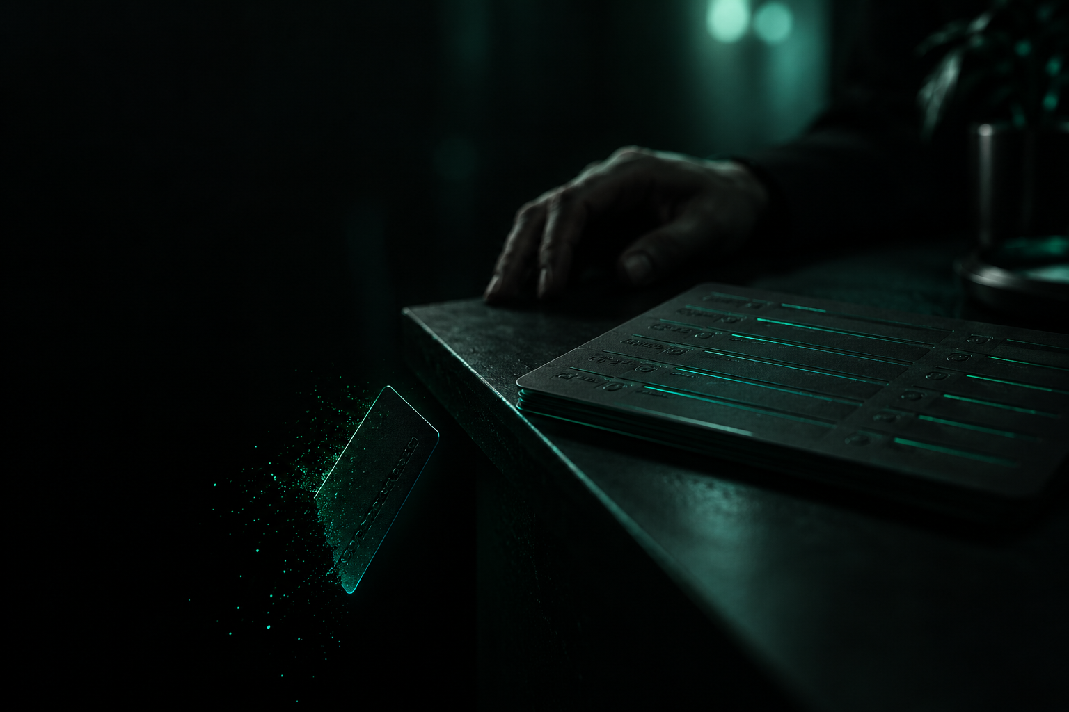 A dark membership roster glowing teal, one row dimmed out as a faint teal-outlined card slips off the edge into black