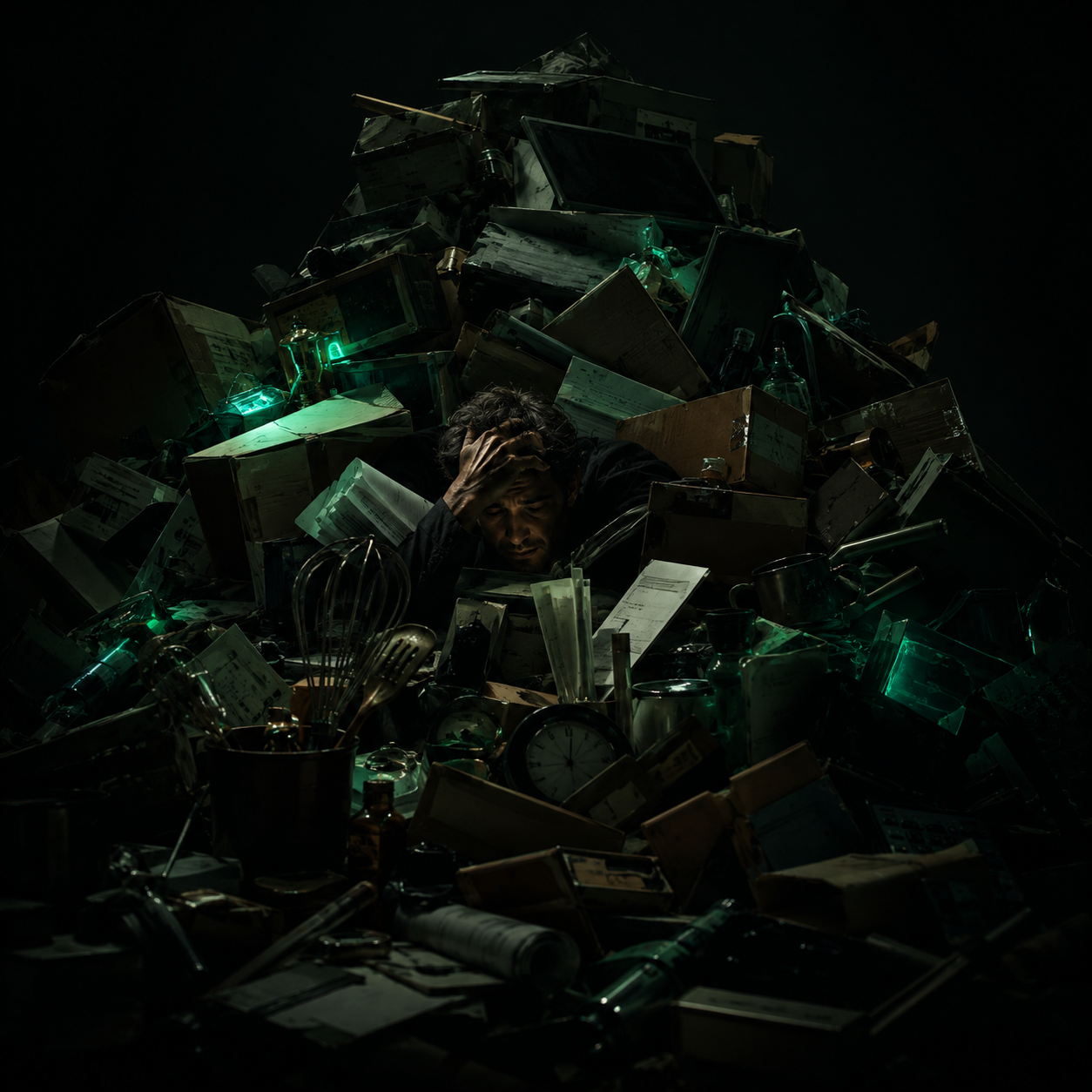 A business owner buried under a towering pile of clutter, boxes, and half-finished things — drowning in their own complexity