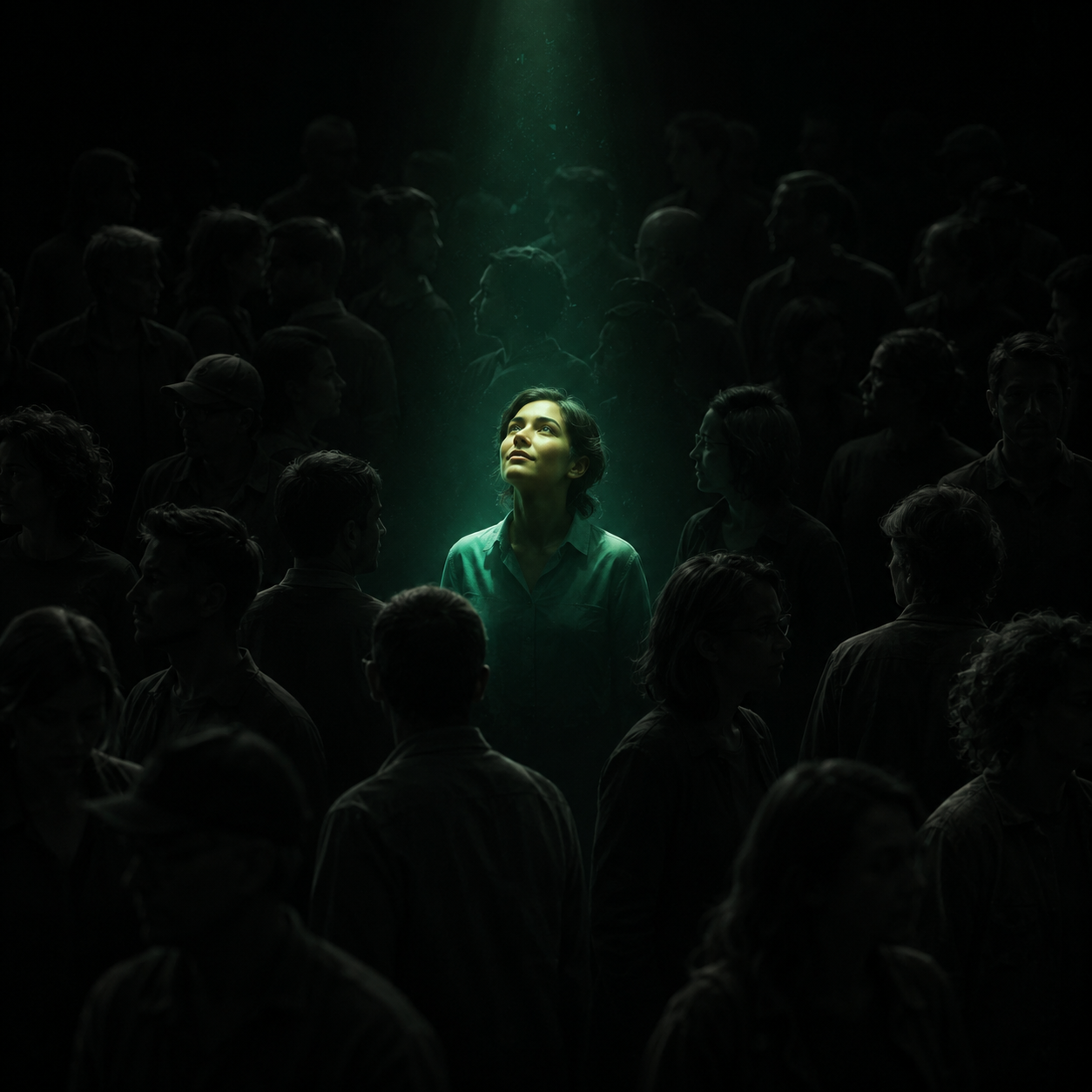 A crowd of dark silhouettes with one customer lit up in the center — the ideal customer who values you most