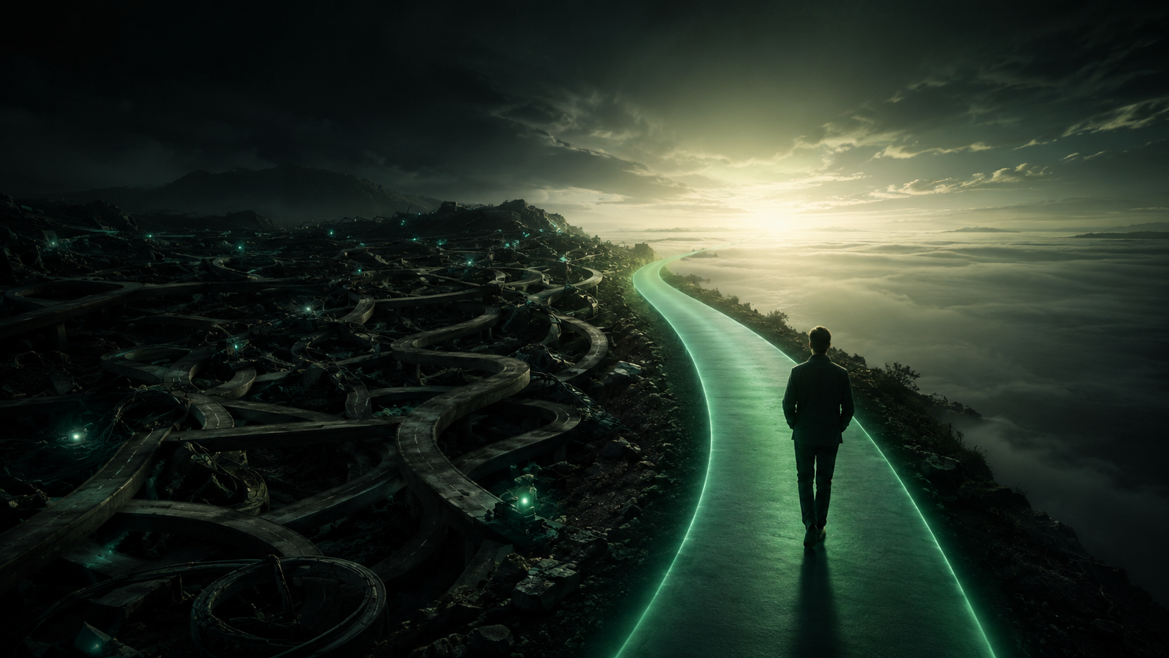 One clean glowing road leading to a bright horizon, beside a chaotic tangle of roads — a clear business is a free business