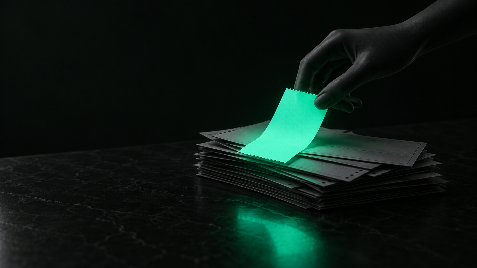 A hand placing a paper receipt onto a stack of paper invoices and checks on a dark counter, one ticket glowing teal while the rest sit in shadow