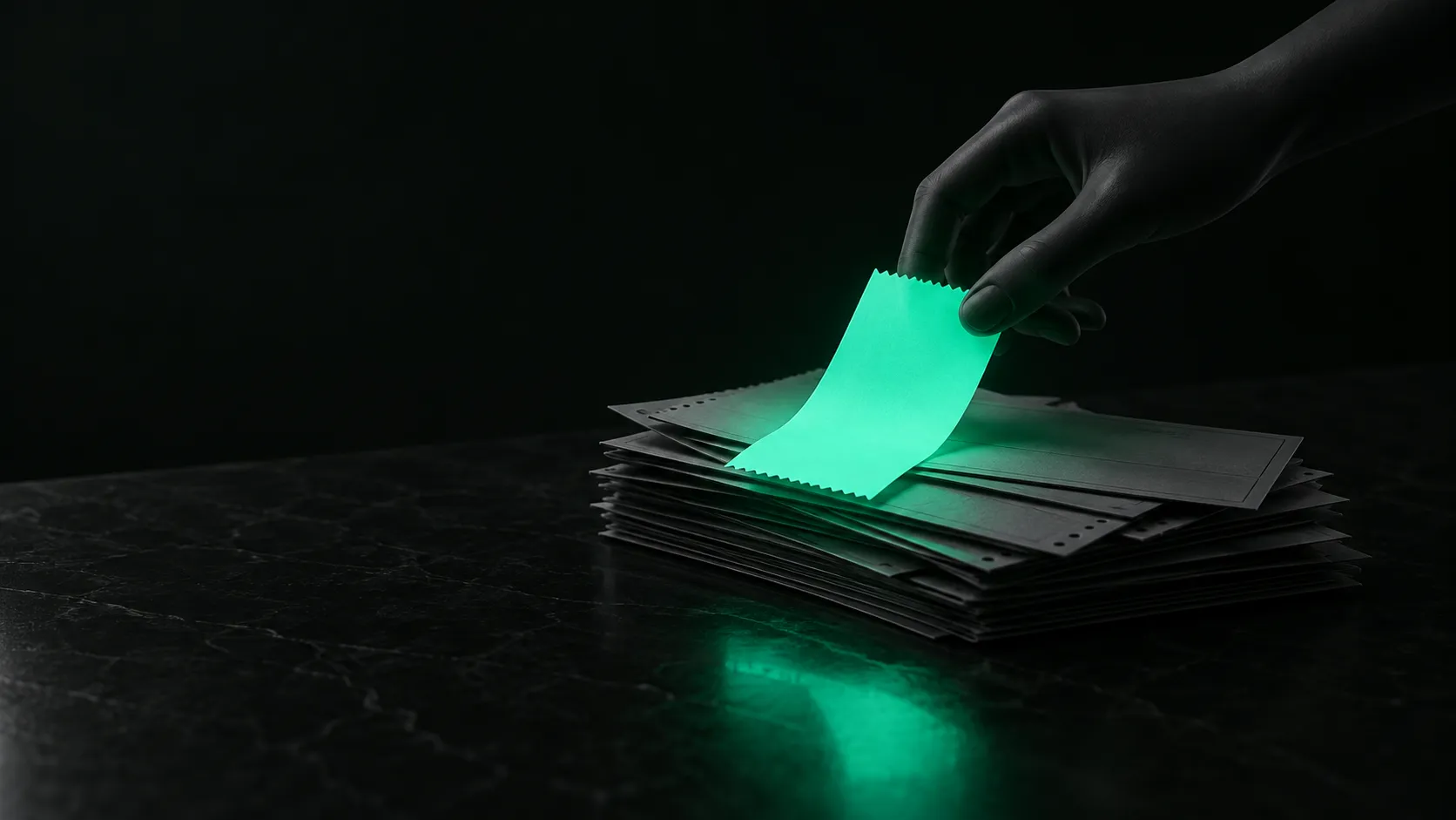A hand placing a paper receipt onto a stack of paper invoices and checks on a dark counter, one ticket glowing teal while the rest sit in shadow