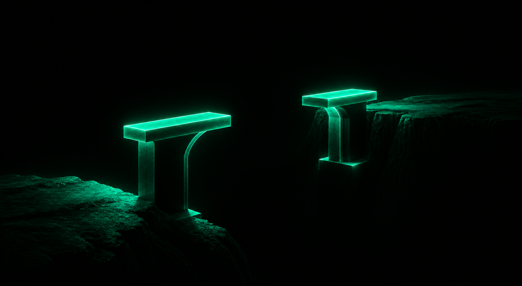 Two glowing teal stepping-stones bridging a dark gap between the moment of yes and the start of the job